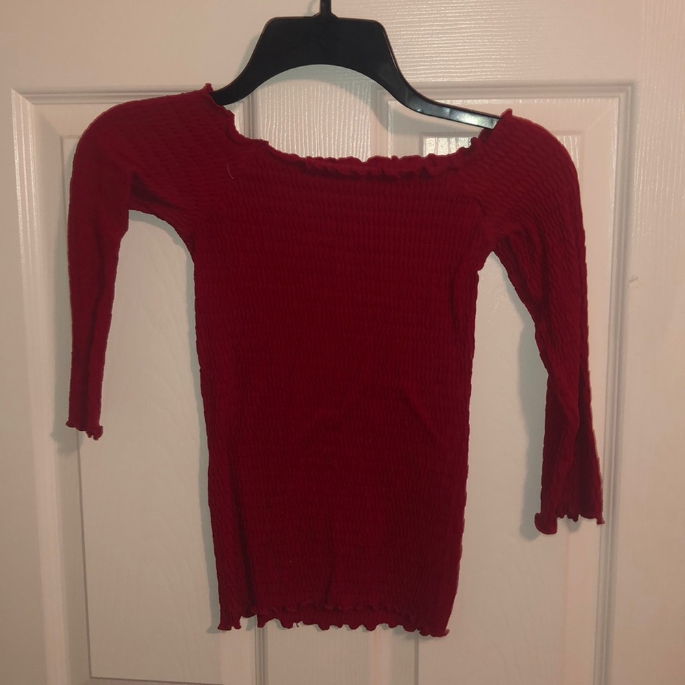 red off the shoulder shirt